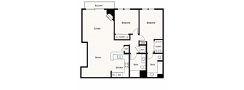 A black and white image of a house floor plan with a living room, dining room, kitchen, and two bedrooms.
